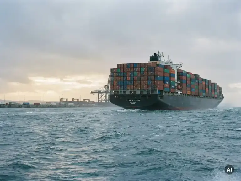 Riesiges Containerschiff mit bunten Frachtcontainern auf offener See, Hafenkräne und Lkw im dunstigen Hintergrund.