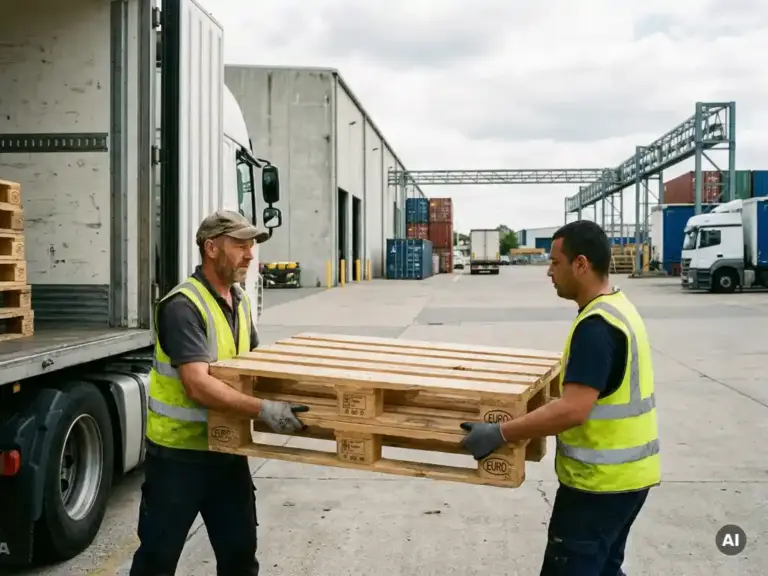 Zwei Lagerarbeiter tauschen Euro-Paletten am offenen Heck eines Sattelzugs in einem internationalen Logistikdepot.
