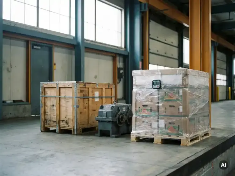 Holzkiste, Stahlmaschinenteil und Kühlpalette nebeneinander auf einer Laderampe in einem modernen Lagerhaus.