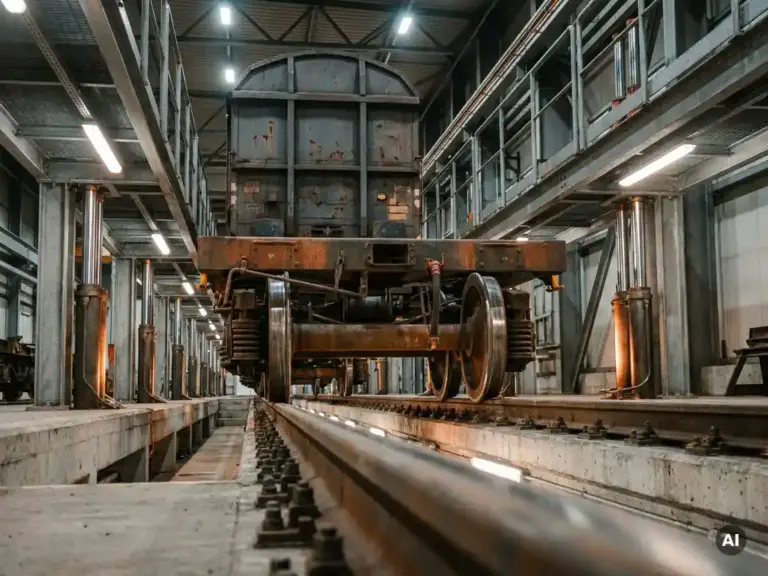 Güterwagen-Drehgestell wird an einer Spurwechselanlage hydraulisch angehoben, Stahlradsätze und Betonbahnsteig sichtbar.