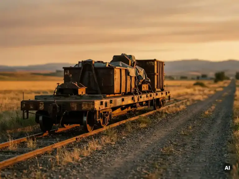 Einzelner Güterwagen mit Industriefracht auf ruhigem Gleis im goldenen Abendlicht, verwitterter Stahl in warmen Bernstein- und Rostbrauntönen.