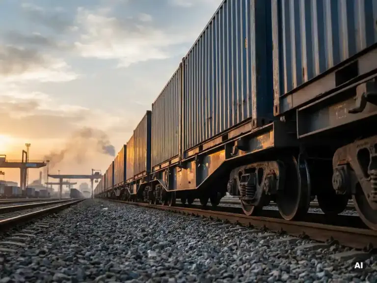 Güterzug mit Stahlcontainern in einem Industriebahnhof bei Sonnenuntergang, Froschperspektive betont Größe und Gewicht.