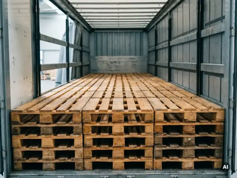 Gestapelte Euro-Paletten aus Holz im Laderaum eines Sattelaufliegers, Froschperspektive, warmes Holz kontrastiert mit grauem Stahl.