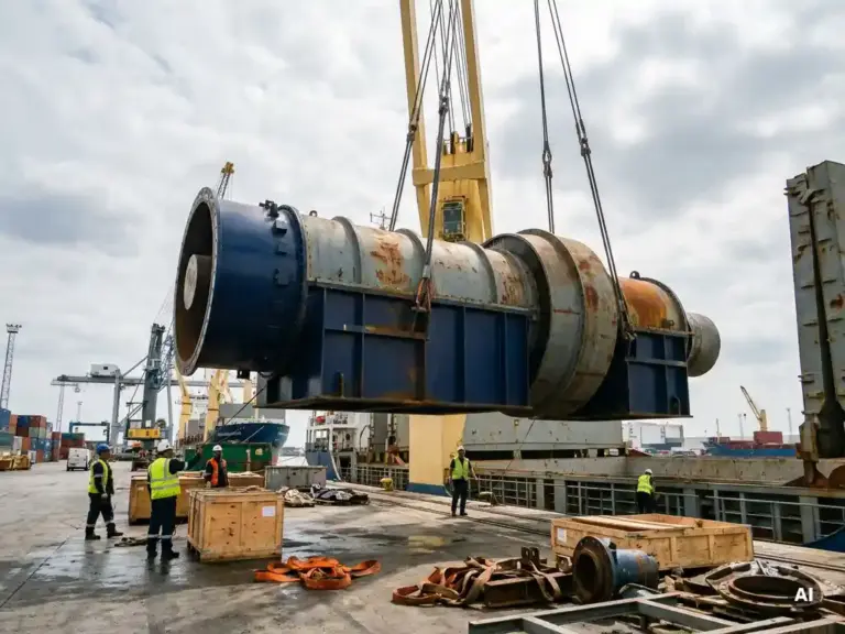 Industrieturbine wird per Kran auf ein Frachtschiff im Hafen verladen, Stahlseile unter Spannung, Holzkisten und Zurrgurte sichtbar.