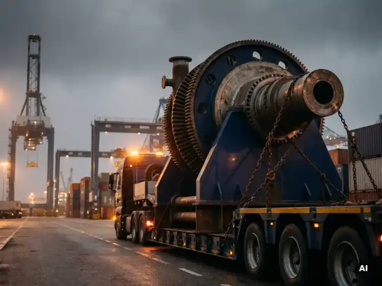 Industrieturbine auf Tieflader mit schweren Ketten gesichert, im Hintergrund Containerkräne eines Hafenterminals bei Nacht.