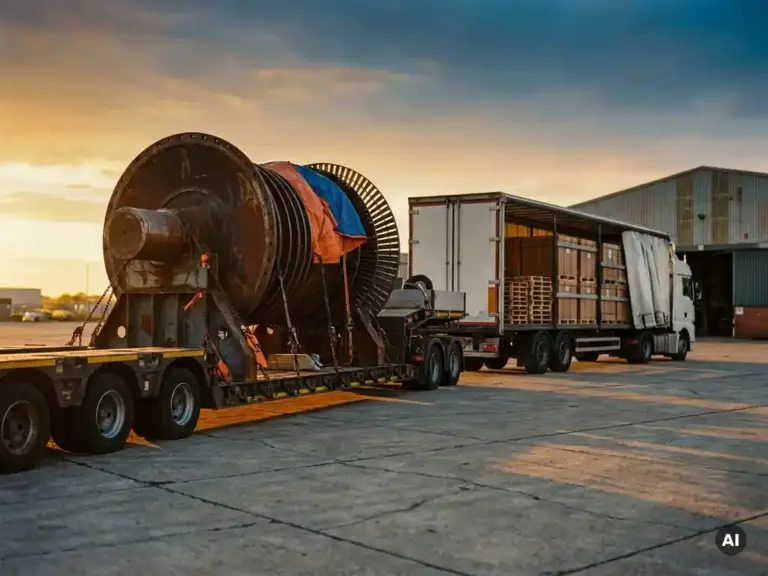 Industrieturbine auf schwerem Tieflader neben Cargo-LKW mit Paletten in einem Logistikzentrum bei goldenem Abendlicht.