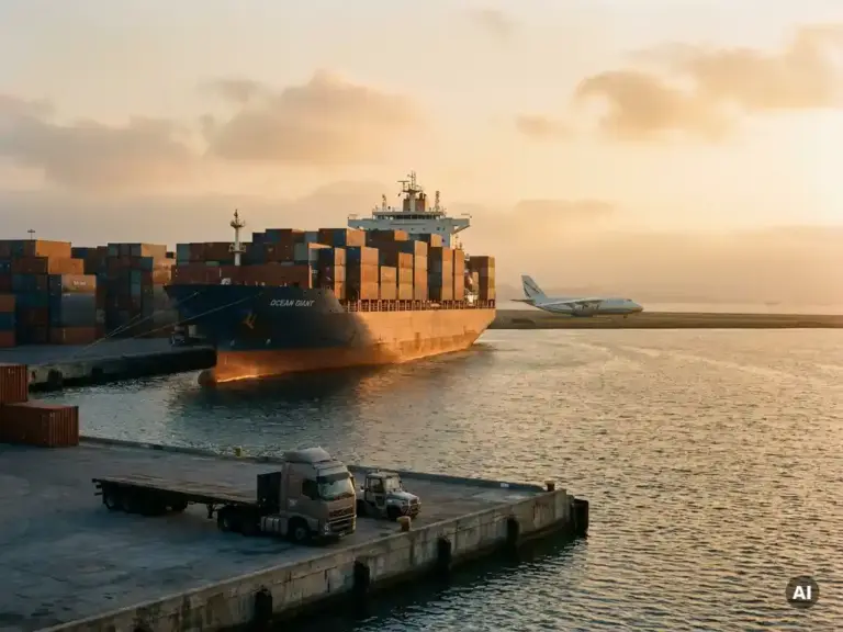 Frachtschiff, Lkw und Flugzeug in einem internationalen Hafen bei goldenem Abendlicht mit gestapelten Containern im Hintergrund.