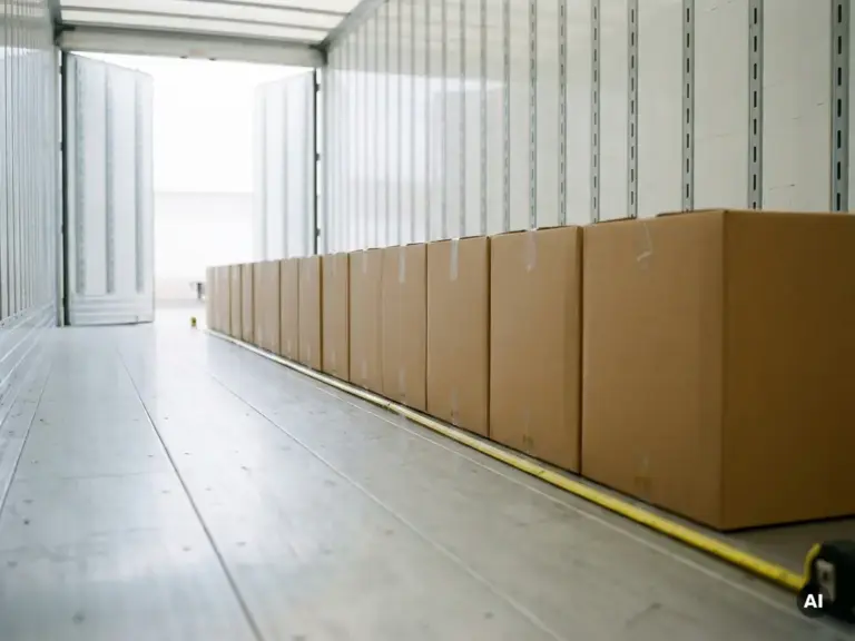 Gleichmäßig gestapelte Kartonboxen in einem weißen LKW-Trailer, vermessen mit einem Maßband auf dem Ladeboden.