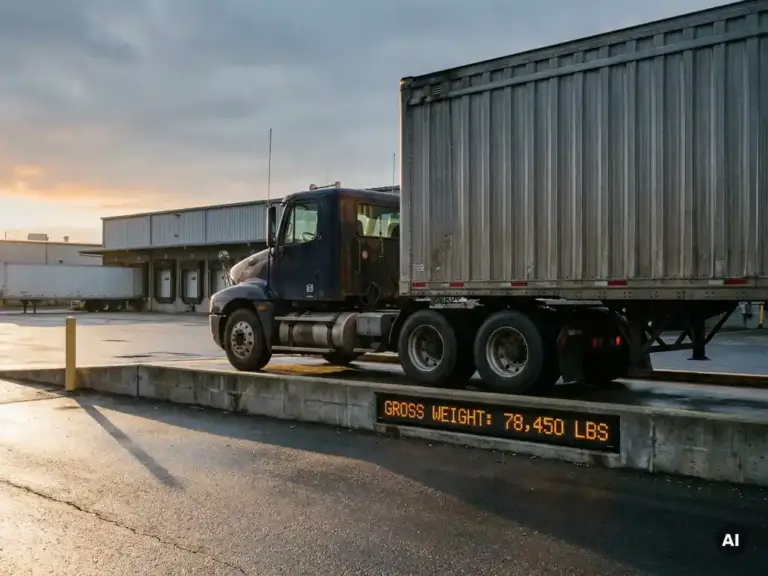 Schwerer Lkw auf einer Achslastwaage an einer Kontrollstation, Industrierampe im Hintergrund, kühles Morgenlicht.
