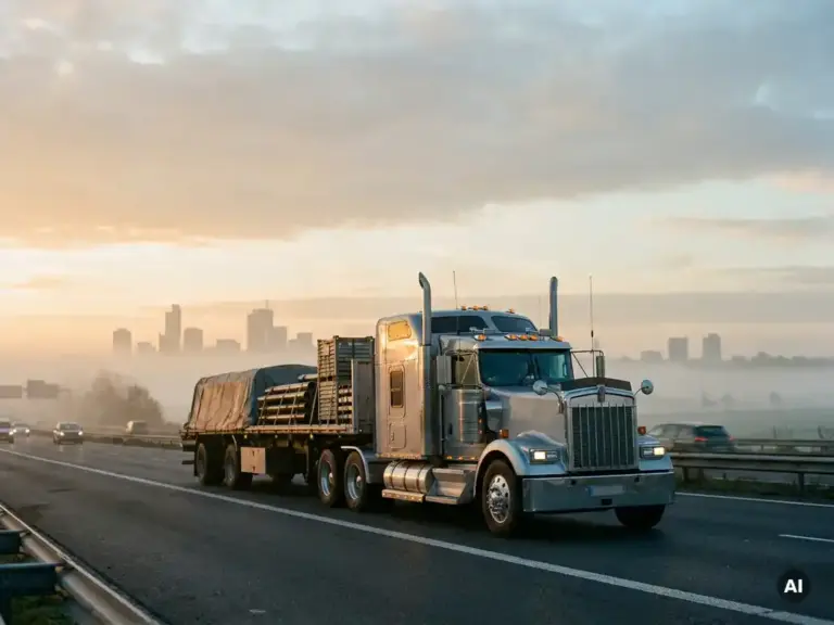 Schwerer Sattelzug mit Industriefracht auf europäischer Autobahn im Morgengrauen, Skyline im Nebel, goldenes Licht auf Chromdetails.