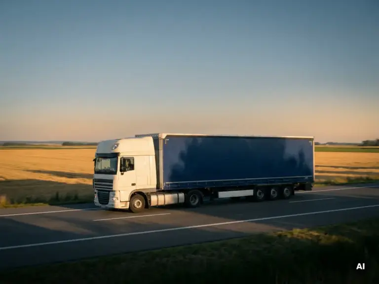 Weißer Sattelzug mit Planenauflieger auf europäischer Autobahn bei Morgendämmerung, goldene Felder im Hintergrund.