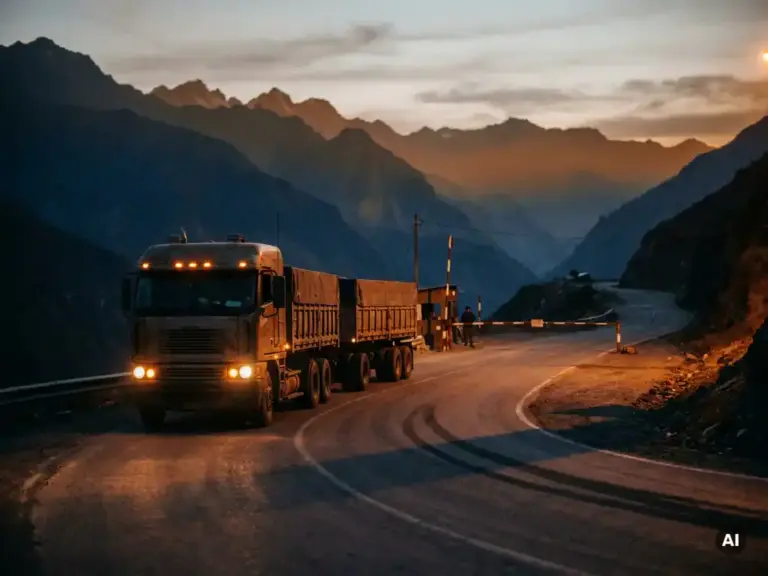 Schwerer Lkw auf kurvenreicher Bergstraße in der Abenddämmerung, passiert einen Grenzübergang mit dramatischem Seitenlicht.