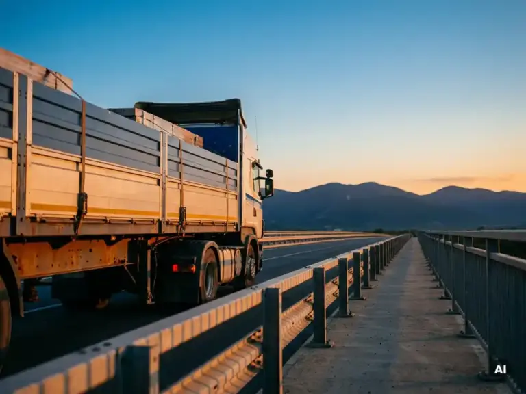 Schwerer Lkw überquert eine internationale Autobahnbrücke im Abendlicht, Berge und weiter Horizont im Hintergrund.