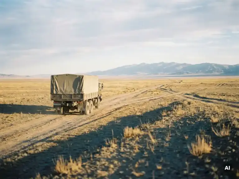 Schwerer Frachtlaster auf der eurasischen Steppe, konvergierende Straßenlinien führen zu fernem Gebirge im goldenen Mittagslicht.
