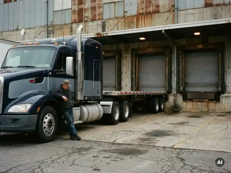 Lkw-Fahrer lehnt wartend an einem Semi-Truck vor geschlossenem Ladetor eines Industrielagers.