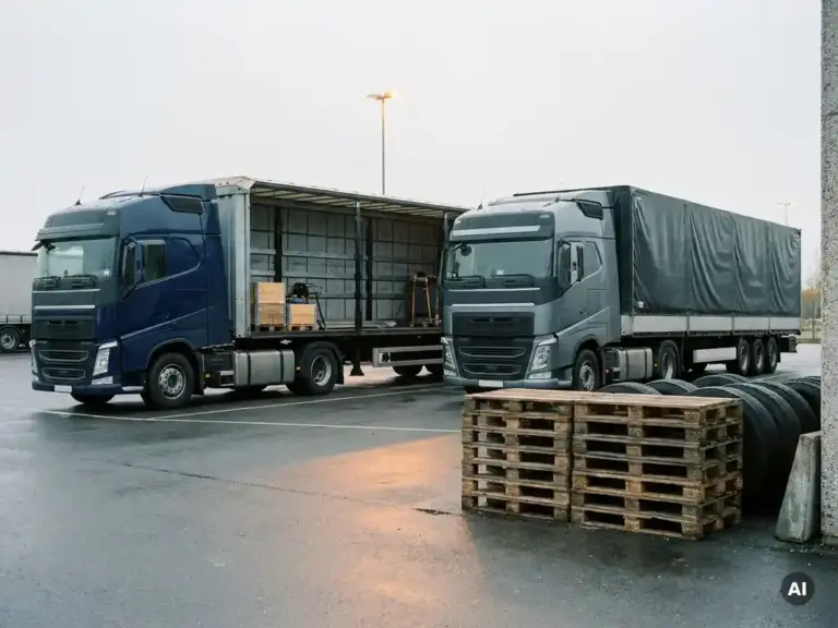 Halb beladener Sattelzug neben vollgeladenem LKW auf Industriegelände, Holzpaletten gestapelt, gedämpftes Tageslicht.