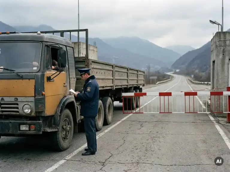 Schwerer Lkw an einem gesicherten Grenzübergang, Zollbeamter prüft Dokumente neben der Fahrerkabine, Schlagbaum gesenkt.