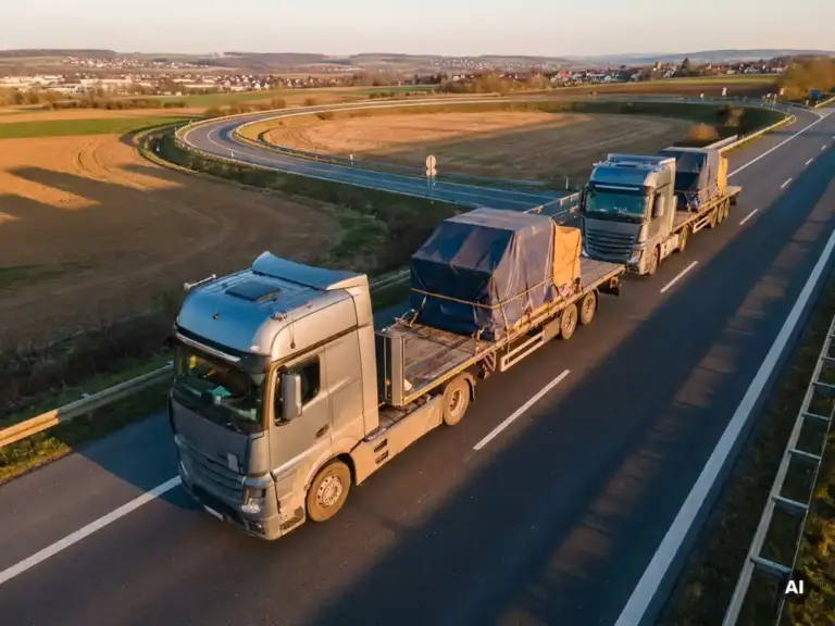 Drei Schwerlast-Lkw in enger Formation auf einer europäischen Autobahn im Abendlicht, Drohnenaufnahme von oben.