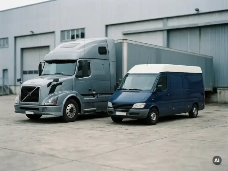 Schwerer Lkw und Lieferwagen nebeneinander auf einem Industrielogistikgelände vor einer Lagerhalle.