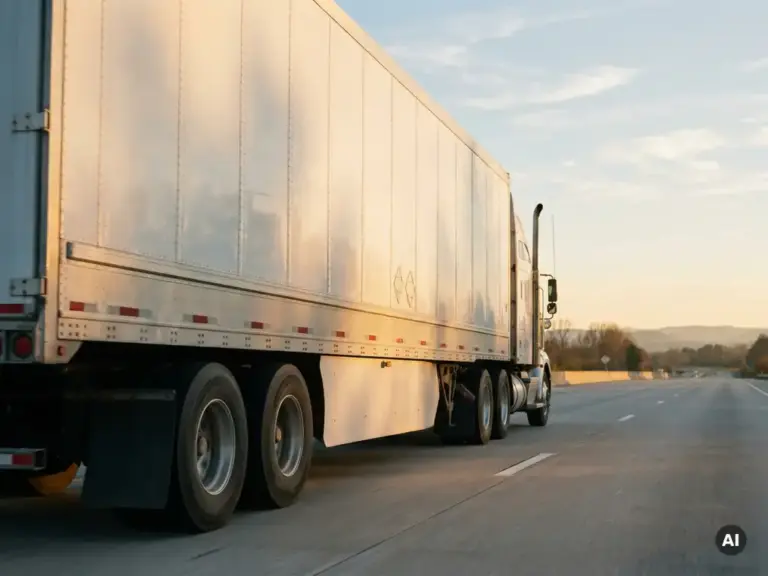 Weißer Sattelzug auf leerer europäischer Autobahn im Gegenlicht der goldenen Stunde, Froschperspektive mit langen Schatten.
