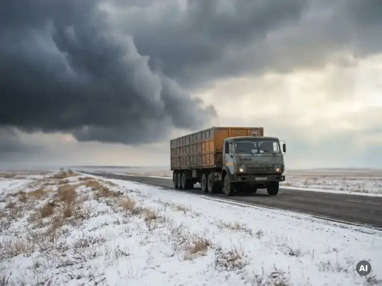 Schwerer Lkw auf einer Steppenfernstraße in Zentralasien unter dramatischem Winterhimmel mit Sturmwolken und Schnee.