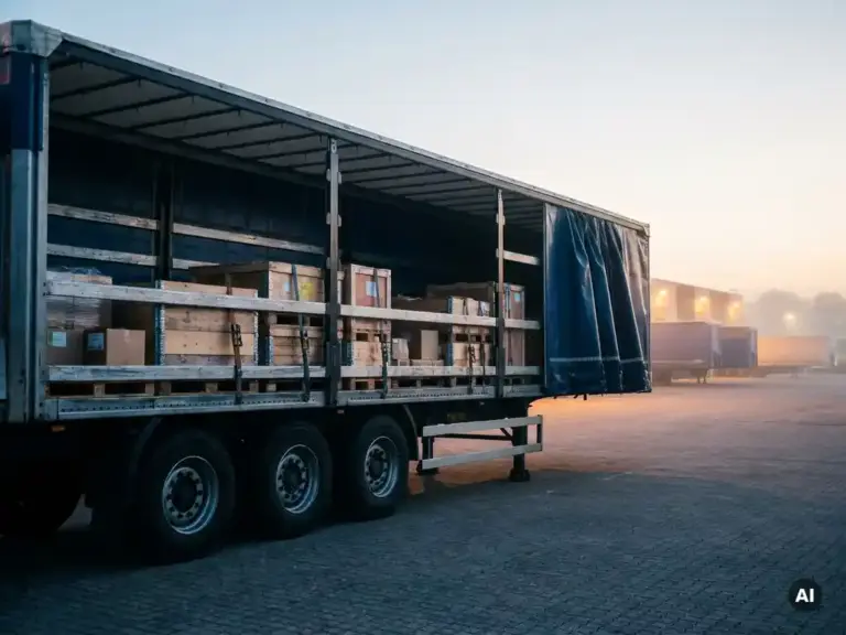 Tautliner-LKW mit zurückgezogenen Schiebeplanken und palettierter Ladung auf einem europäischen Logistikgelände im Morgengrauen.