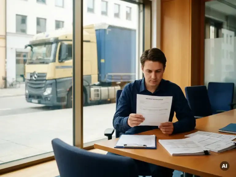 Logistikdisponent in modernem Münchner Büro prüft Lieferdokumente, Lkw hinter Panoramafenster sichtbar, Klemmbrett und Frachtpapiere auf dem Schreibtisch.