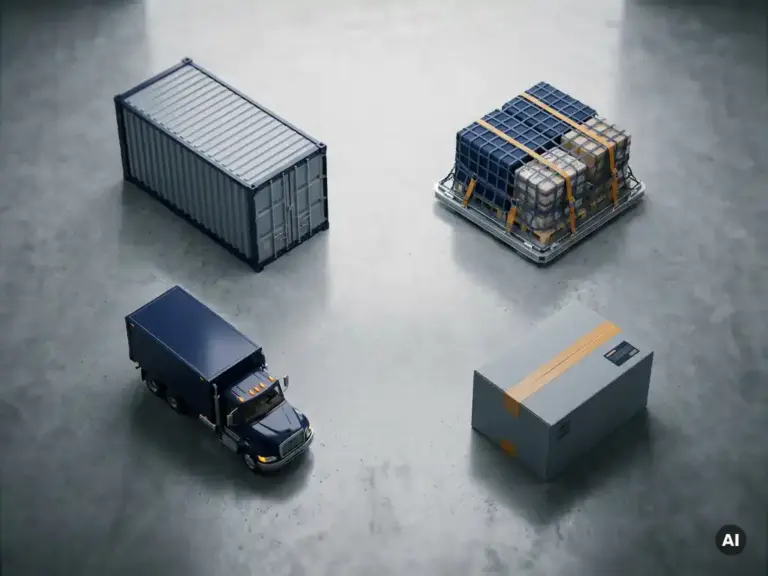 Vier Frachtarten — Seecontainer, Luftfrachtpalette, LKW-Modell und Lagerkarton — symmetrisch auf Betonoberfläche, Vogelperspektive.