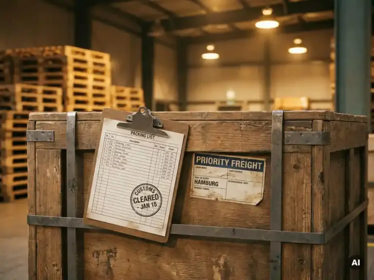 Packliste auf Klemmbrett liegt auf Holzfrachtkiste mit Zollstempel und internationalem Versandetikett, Lagerhalle im Hintergrund.