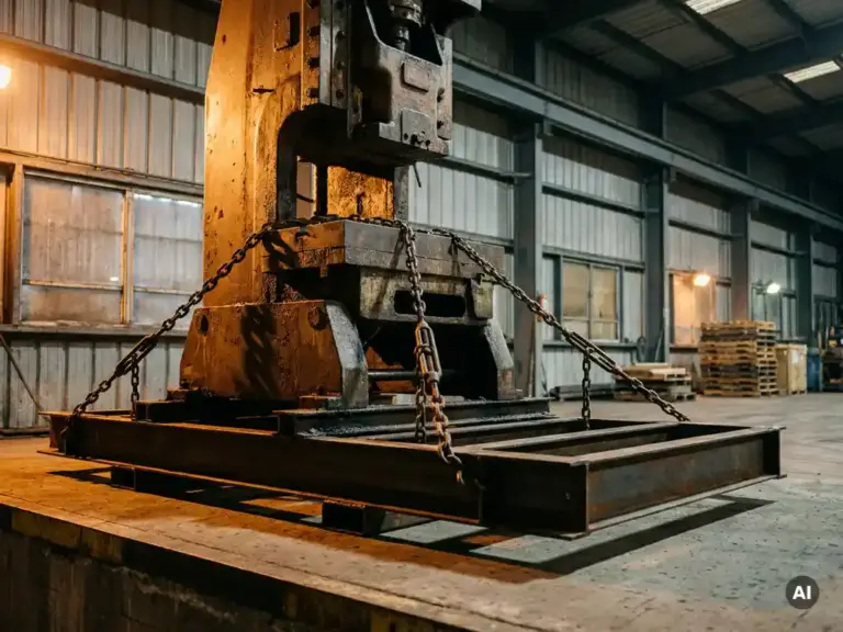 Schwere Industriemaschine mit Stahlketten auf Metalltransportrahmen gesichert, auf einer Laderampe eines Lagerhauses.