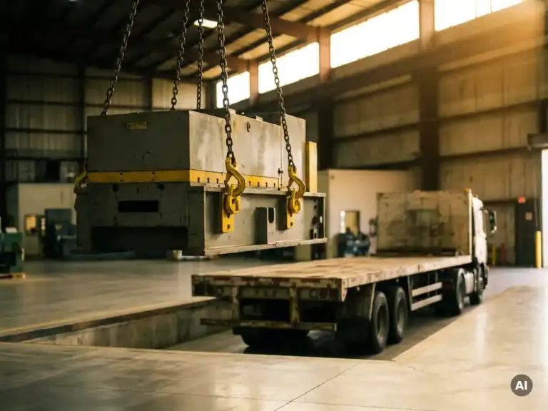 Schwere Industriemaschine hängt an Stahlhebketten über gelben Anschlagpunkten, Flachbett-LKW auf Betonladerampe darunter.