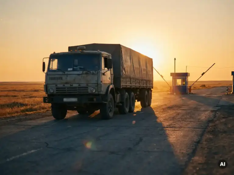 Schwerer Güterzug überquert einen weitläufigen Grenzübergang in der Steppe bei goldenem Abendlicht, Zollschranke im Hintergrund.
