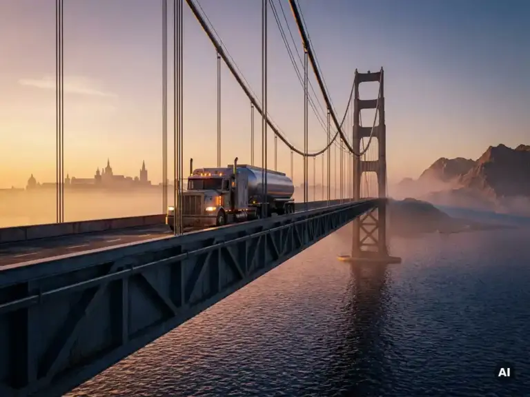 Schwerer Lkw überquert Hängebrücke zwischen Europa und Asien über die Meerenge des Bosporus im goldenen Abendlicht.