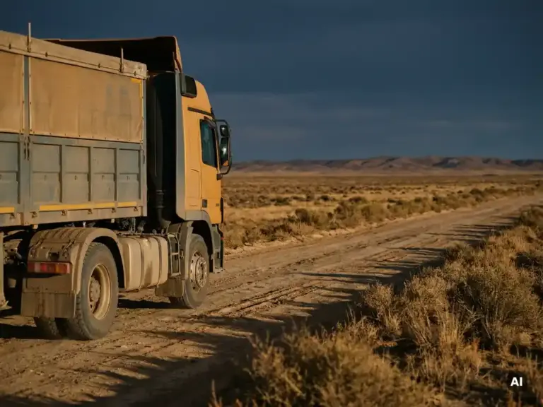 Schwerer Lkw auf staubiger Schotterstraße durch karge Steppenlandschaft im goldenen Abendlicht.