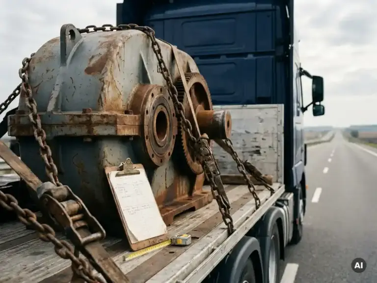 Schwere Industriekomponente mit Stahlbändern auf Tieflader gesichert, Klemmbrett und Maßband darauf, Autobahn im Hintergrund.