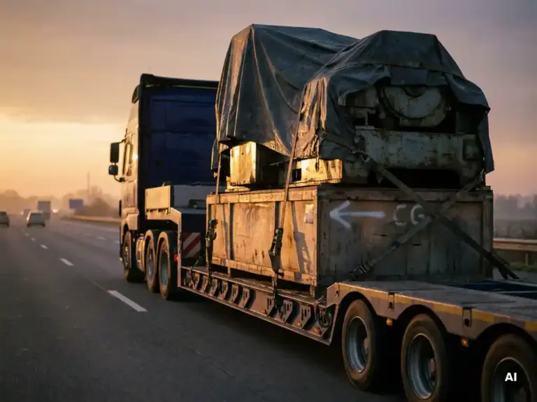 Schwere Industriemaschine mit Zurrgurten auf Sattelauflieger gesichert, Schwerpunktmarkierung auf der Kiste, Sonnenaufgangslicht auf Autobahn.