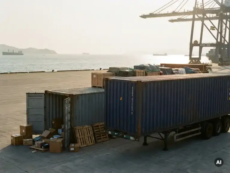 Vollbeladener Stahlcontainer auf einem Hafenterminal bei Sonnenlicht, zweiter Container mit loser Fracht, Kräne und Meer im Hintergrund.