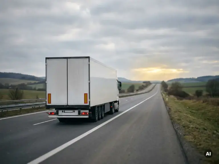 Weißer Sattelzug auf leerer europäischer Autobahn durch offene Landschaft, goldenes Licht am Horizont.