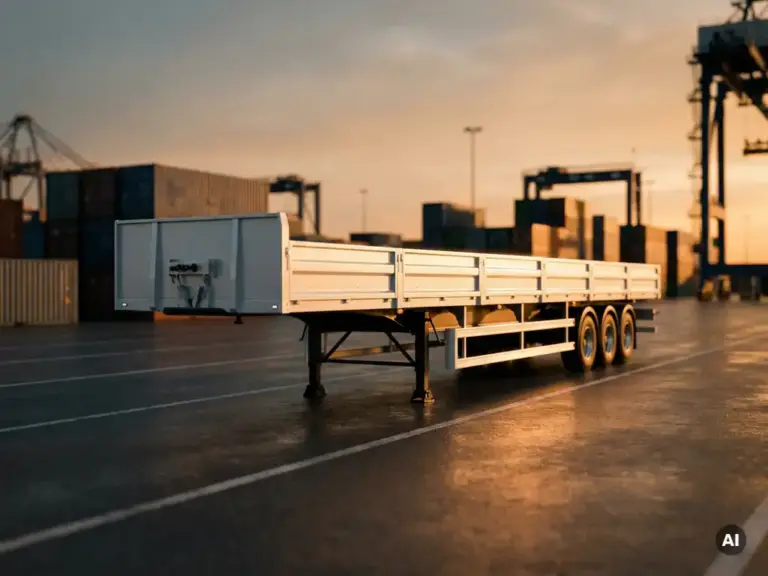 Weißer Sattelauflieger auf einem Logistikgelände im Abendlicht, Containerterminal im Hintergrund.