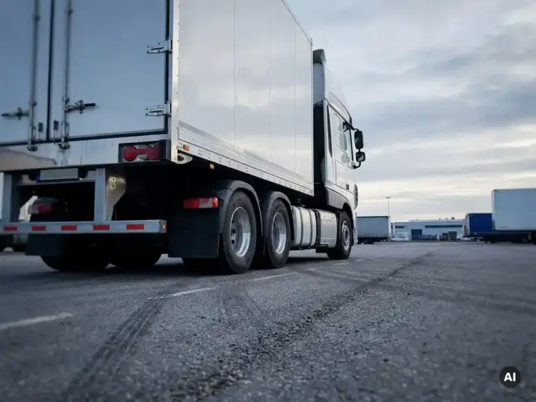 Weißer Sattelzug auf einem Logistikdepot, Froschperspektive betont die imposante Länge des Fahrzeugs vor bedecktem Himmel.