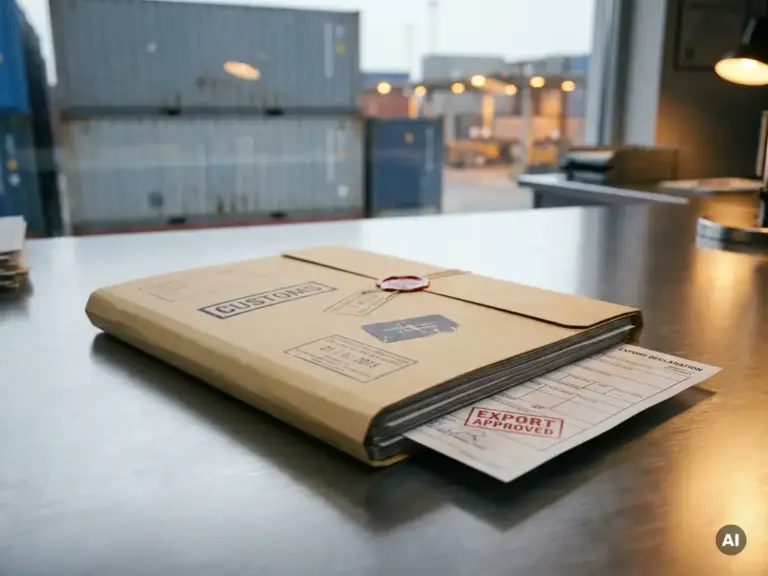 Versiegelter Zolldokumentenordner auf Stahltisch mit sichtbarer Ausfuhrerklärung, Frachtcontainer unscharf im Hintergrund.