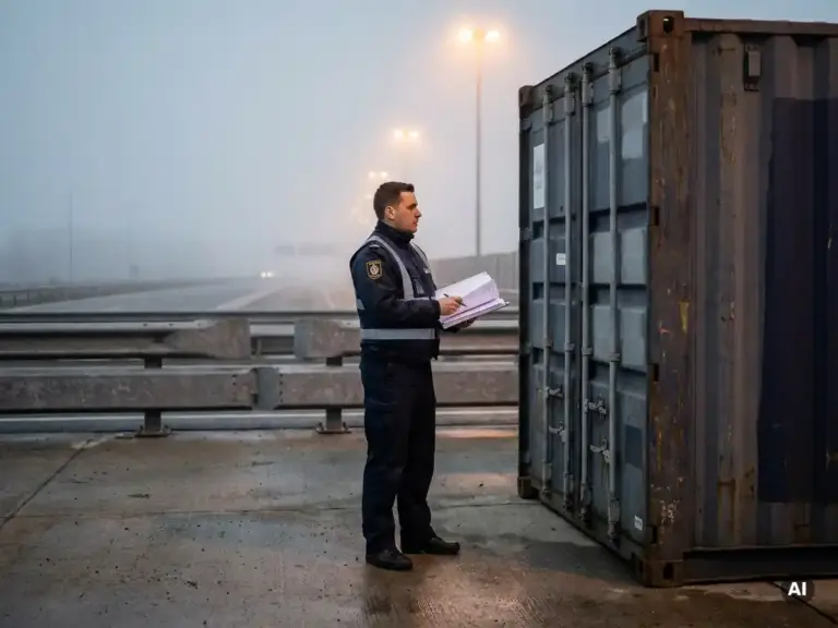 Zollbeamter mit Transitdokumenten neben versiegeltem Frachtcontainer an einem Grenzübergang im Nebel.