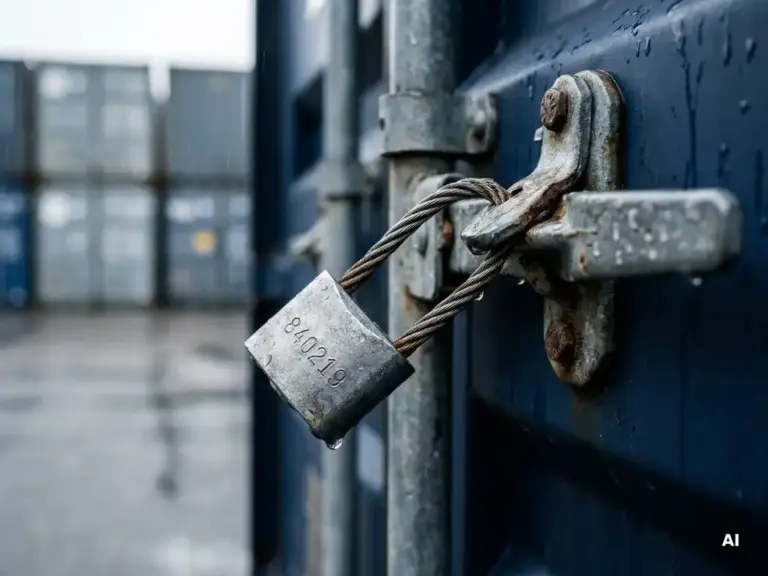 Nummeriertes Stahlsiegel an einem Frachtcontainer-Verschluss, verschwommenes Containerhafen-Lager im Hintergrund.